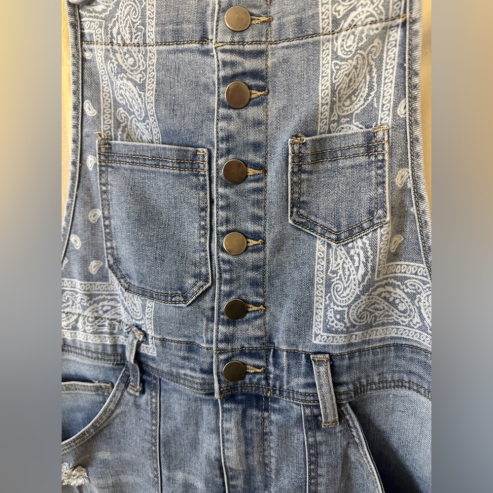 Easel Los Angeles Distressed Bandana Denim Overalls Small - Picture 10 of 12
